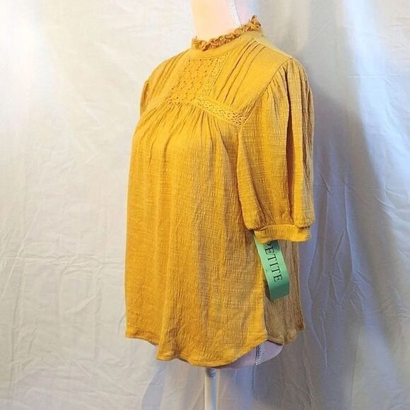 Cable & Gauge Mustard Yellow Textured Crochet Keyhole Blouse LP NWT - Picture 8 of 16